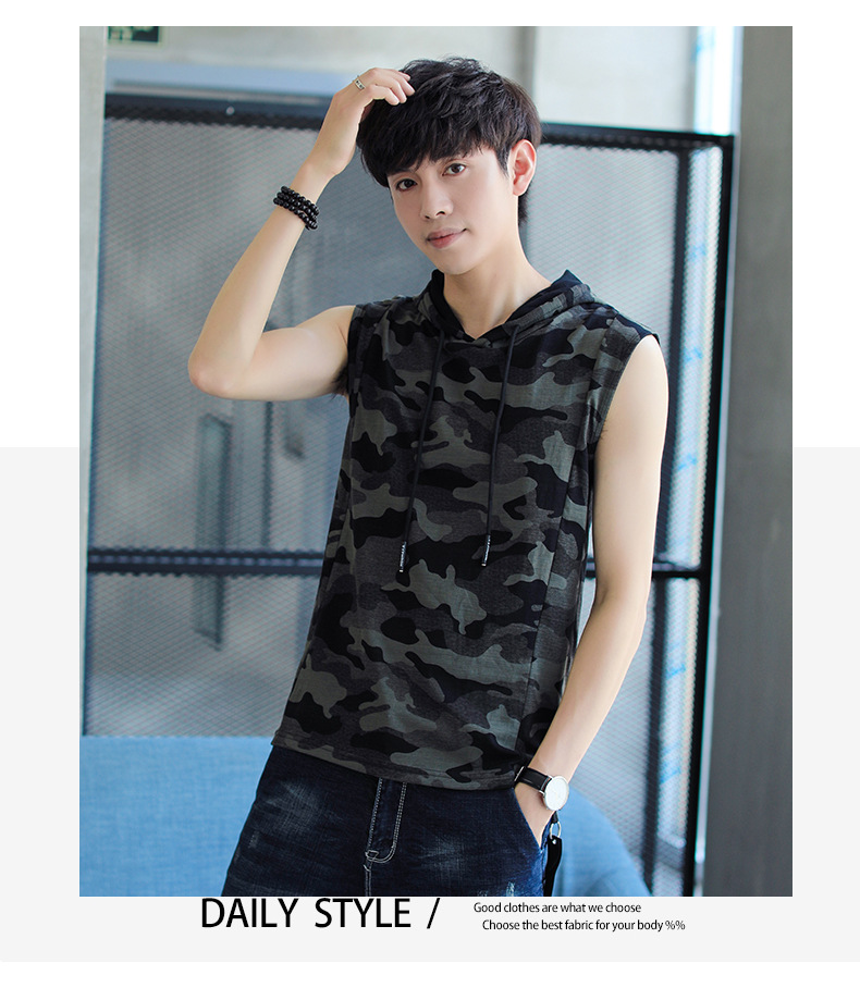 Áo thun cotton tay ngắn trùm đầu áo thun nam thể thao ngụy trang mùa hè với mũ thủy triều Thẻ mỏng vest vest nam - Áo vest cotton áo lông cừu