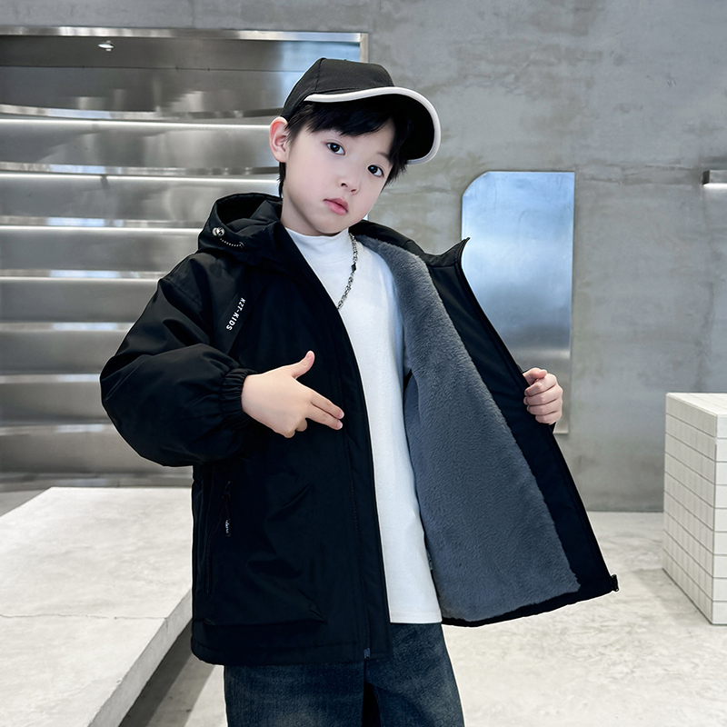 Boys' Outwear, Autumn and Winter 2024 New Style, Stylish Medium and Large Children's Autumn Clothing, Windbreaker, Fleece-Lined Jacket, Parka