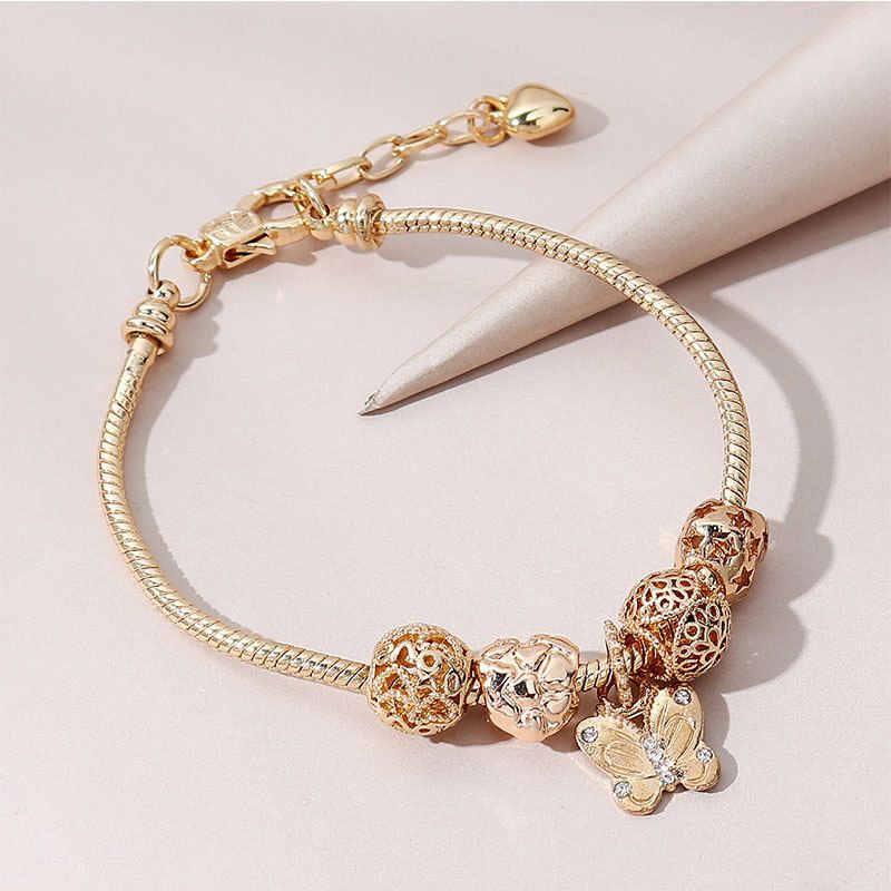 Cross-Border Alloy Bracelet with Heart-Shaped Rhinestones, Copper Pandora-Style DIY Popular Beaded Bracelet with Butterfly Pendant, Adjustable Cross-Border Alloy Bracelet with Heart-Shaped Rhinestones, Copper Pandora-Style DIY Popular Beaded Bracelet with Butterfly Pendant, Adjustable