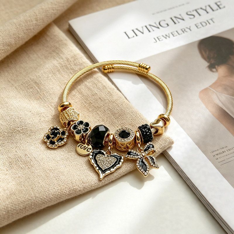 Light Luxury Detachable Vintage Heart-Shaped Bowknot Black and Gold Small Bracelet Bangle with Camellia Design in Chanel Style Light Luxury Detachable Vintage Heart-Shaped Bowknot Black and Gold Small Bracelet Bangle with Camellia Design in Chanel Style