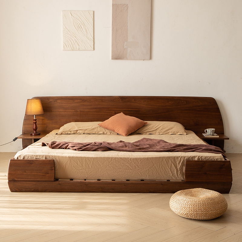 Japanese-Style Scandinavian Large Backrest Tatami Bedside Bed Black Walnut Cherry Modern Accessible Luxury Master Bedroom Double 2m King Bed