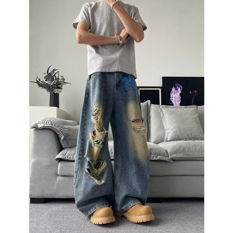 American Retro Washed Ripped Jeans for Men and Women, Summer High Street Loose Wide-Leg Pants, Trendy Brand Versatile Long Pants