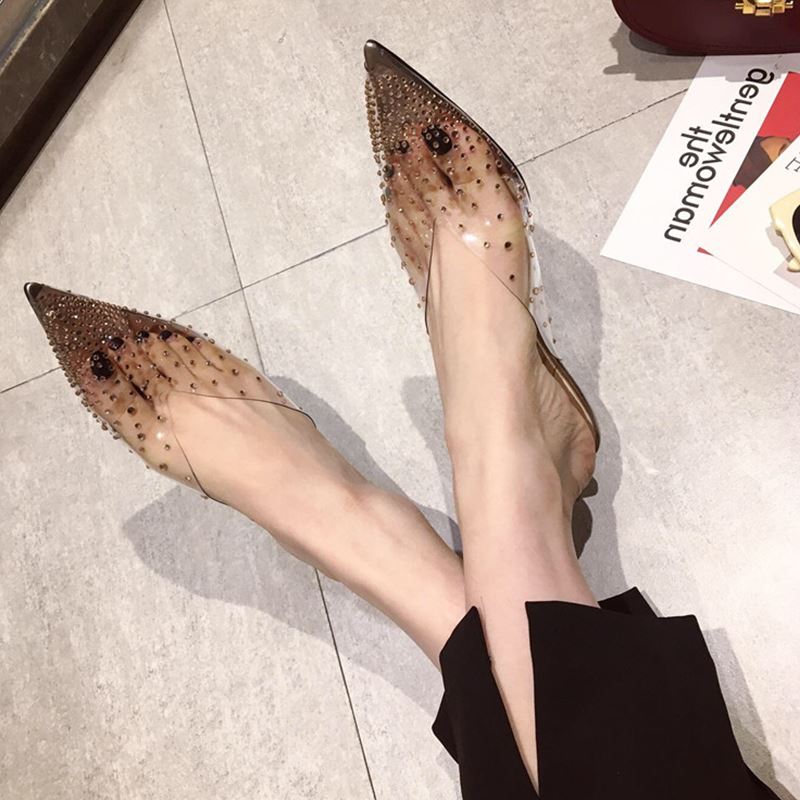 Hong Kong Tide brand net red rhinestone Baotou high-heeled slippers women 2021 summer bohemian pointed word slipper