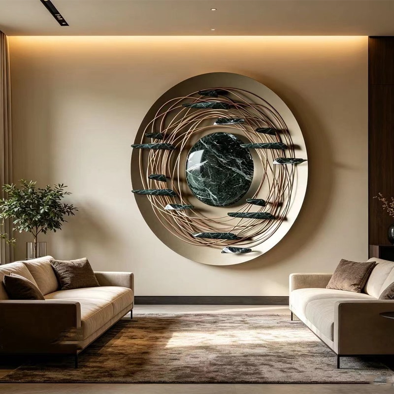 Italian-Style Light Luxury Circular Wall Decoration with Metal Lines, Creative Decoration for Living Room Walls, Bedroom Background Wall Art