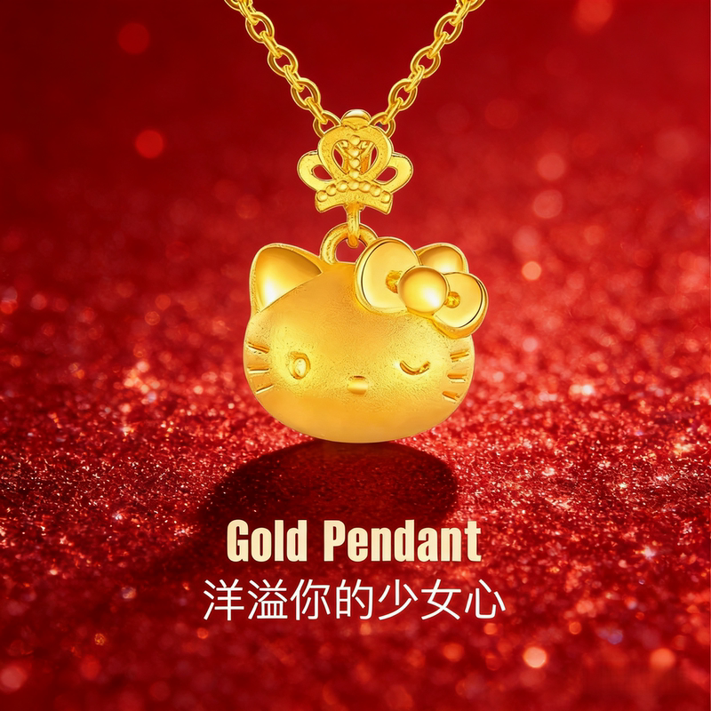 Official Genuine Product｜Gold Hello Kitty Cat Pendant, Fortune Bead Necklace, Bracelet, Gold-Plated Silver, Gift for Girlfriend