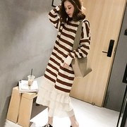 Mùa thu 2018 mới Hàn Quốc sọc khâu xếp li dài tay đan nữ sinh viên Đầm suông giản dị