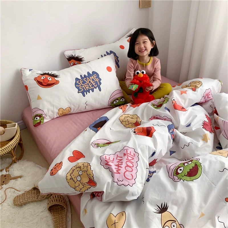 Sesame Street Cotton dành cho trẻ em 1.2 / Giường đơn cho bé trai 3 mảnh Bông tinh khiết Phim hoạt hình đôi Bộ bốn mảnh Bộ khăn trải giường 1,8m - Bộ đồ giường bốn mảnh