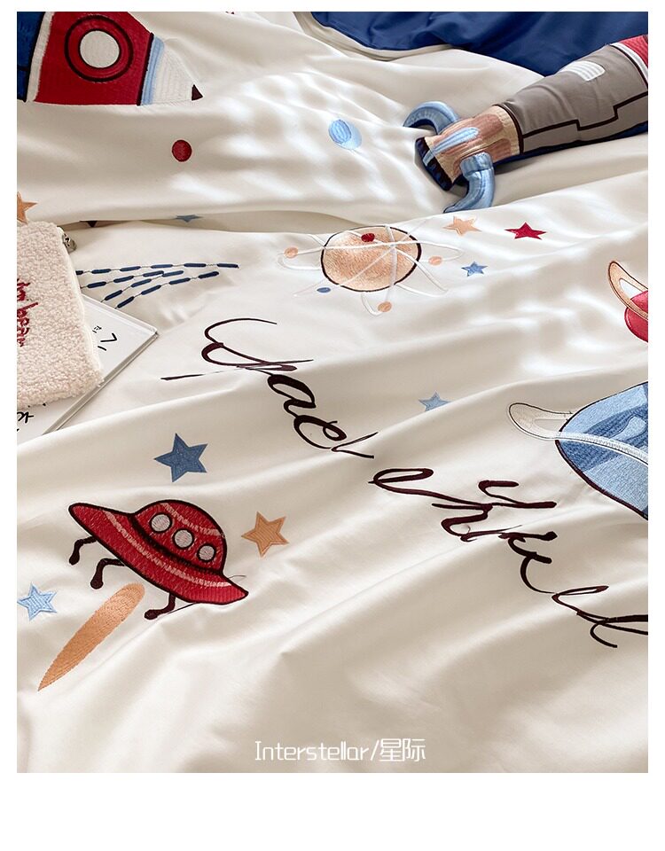 Комплект постельного белья из 100% хлопка с вышивкой для мальчиков, космическая тематика с ракетами, синий цвет, 4 предмета