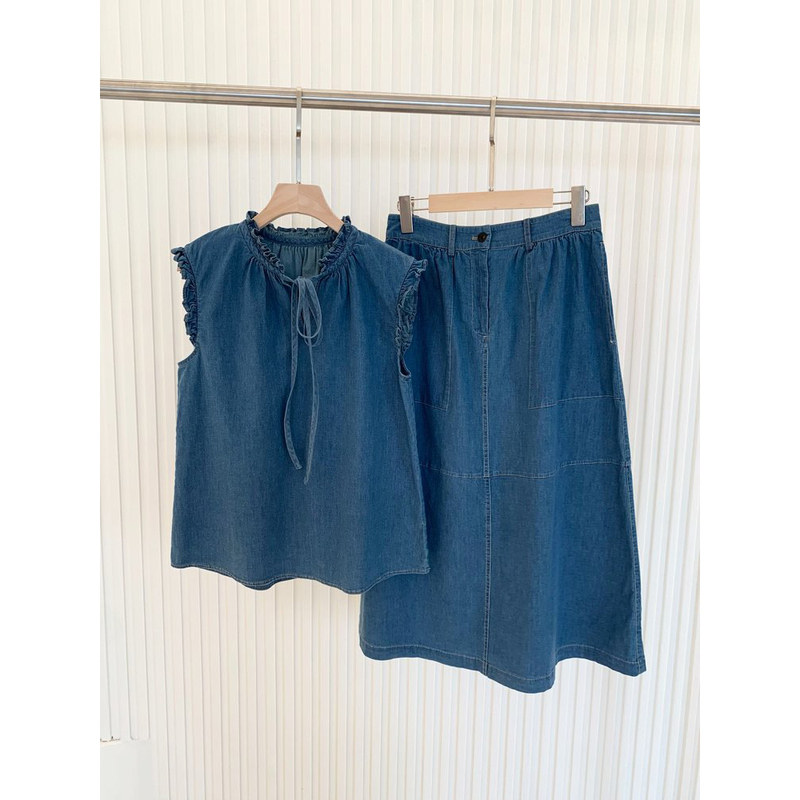 Spot Icic Xiaohe Same Source Women's New Cotton Elastic Denim Sleeveless Fancy Top + Same Skirt