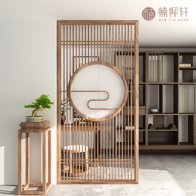 New Chinese style screen partition wall living room into the solid wood entrance grille entrance door to cover the cutout custom Xiangyun Zen