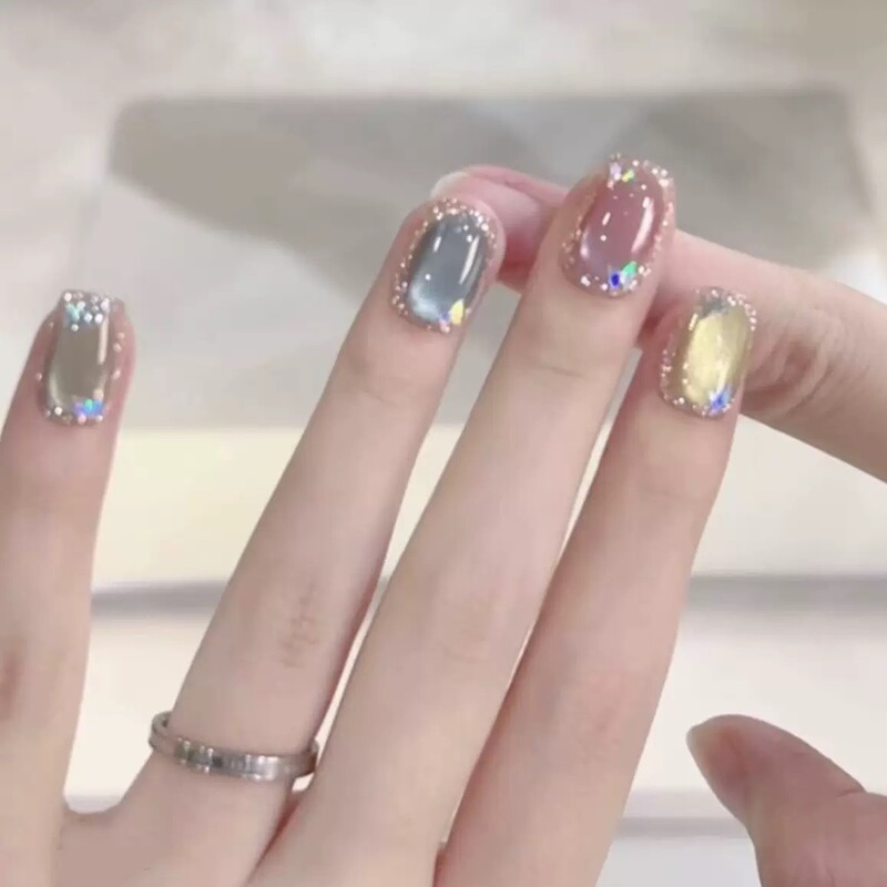 【Summer Colorful】New Style Pure Handmade Wearable Nails with Sparkling Glass Beads and Cat Eye Effect, Pure Handmade Wearable Nail Pieces