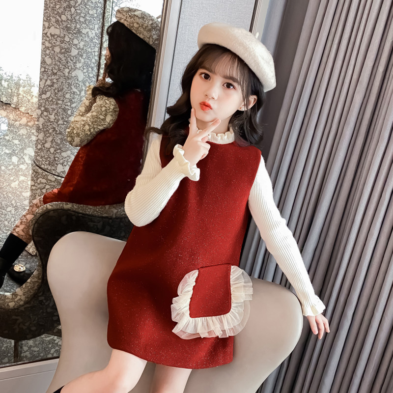 Girls knitted sweater dress autumn and winter 2022 new children's red vest skirt big children's skirt Western style girl