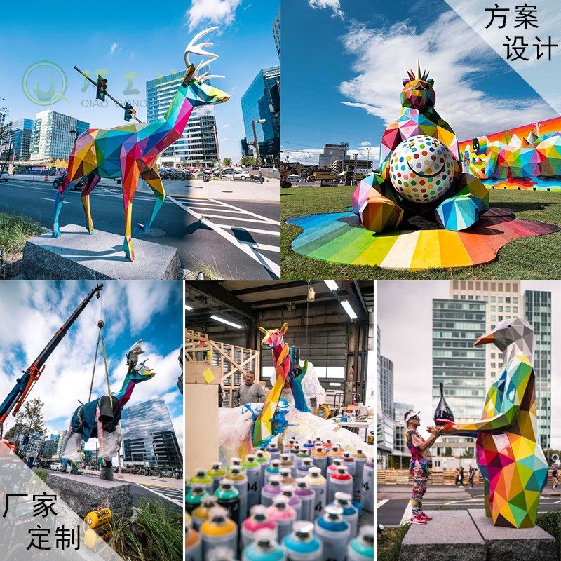 Outdoor glass steel sculpture customized commercial street geometric deer stainless steel sculpture cartoon animal mall Merchant