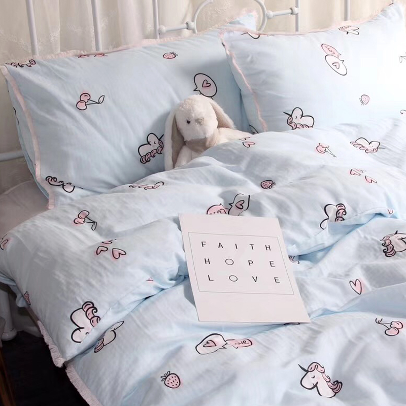 (Toyama Strawberry) Cute Cartoon Unicorn Pure Cotton Double Yarn Four-Piece Set Cotton Tassel Edge Quilt Cover