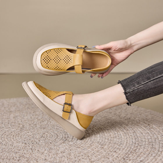 包头罗马凉鞋女2025年新款夏季平底休闲洞洞鞋真皮踩跟镂空单鞋子