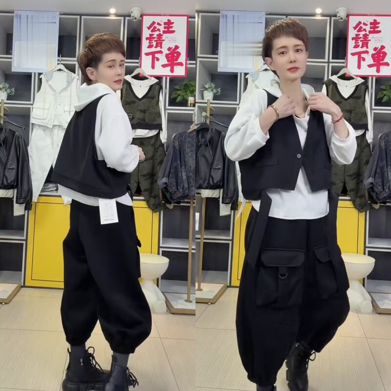 European Trendy Brand Ribbon Vest with Double Large Pockets, Lantern Pants, Hooded Top, 2026 Spring New Casual Cool Stylish Fashion European Trendy Brand Ribbon Vest with Double Large Pockets, Lantern Pants, Hooded Top, 2026 Spring New Casual Cool Stylish Fashion