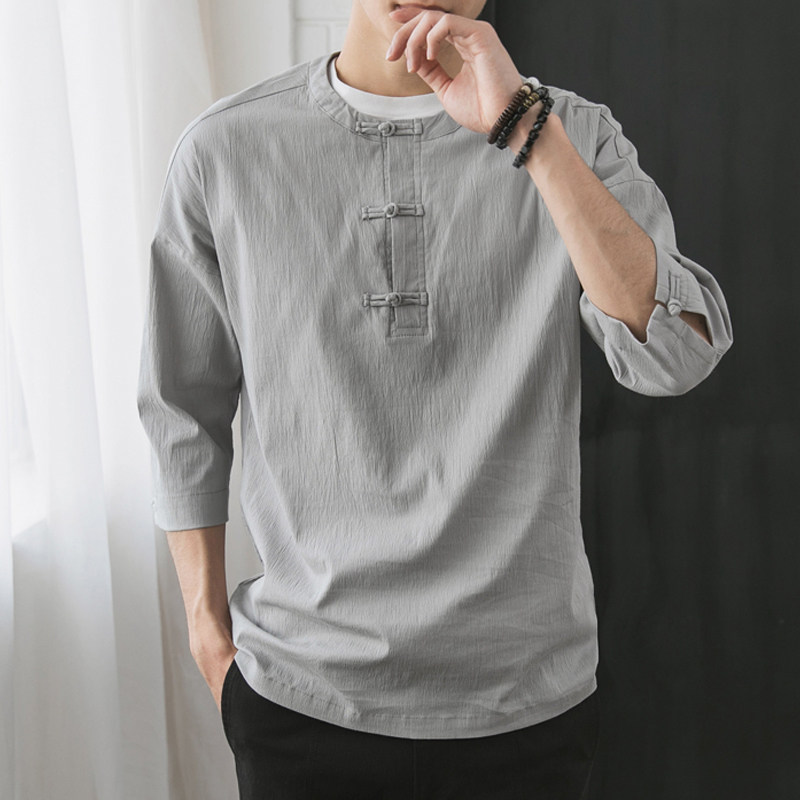 夏季中国风亚麻七分袖衬衫男中式盘扣棉麻中袖衬衣男装复古寸衣薄
