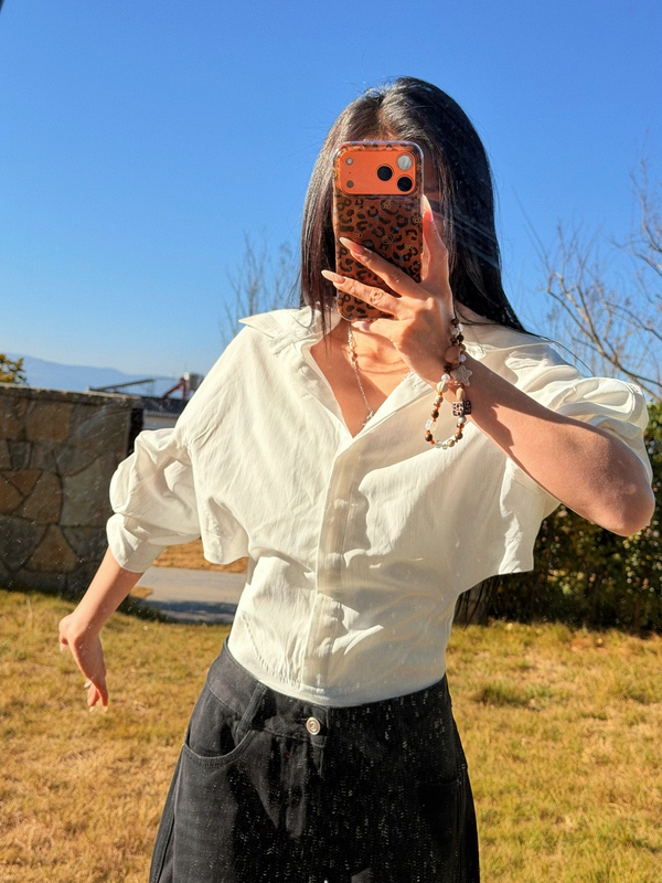 Boss 1.5m American-Style Spicy Girl White One-Piece Faux Two-Piece Shirt with a Slim-Fit Polo Collar Design