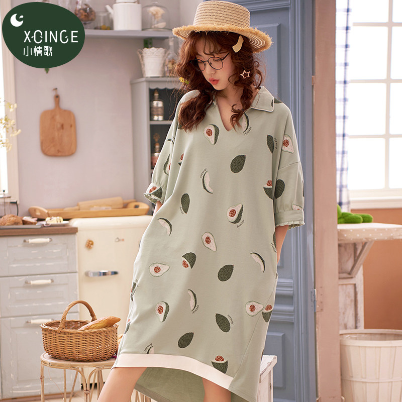 Nightdress women's summer cotton loose thin section cute pregnant women knee-length long version one-piece pajamas home clothes ins net red