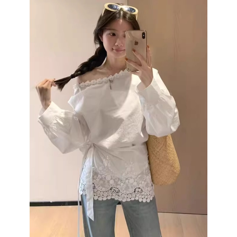 Plus Size, Super Stylish French-Style High-End Lace Collar, Off-Shoulder Long-Sleeve Shirt for Women, New Summer Design Top Plus Size, Super Stylish French-Style High-End Lace Collar, Off-Shoulder Long-Sleeve Shirt for Women, New Summer Design Top