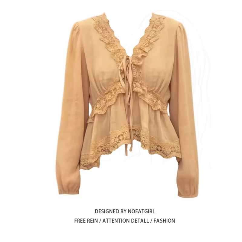 New Summer Tops That Are Stylish and Unique, Plus-Size for Chubby Girls, Gentle Style, V-Neck, Lace-Up, Long-Sleeved, Trendy
