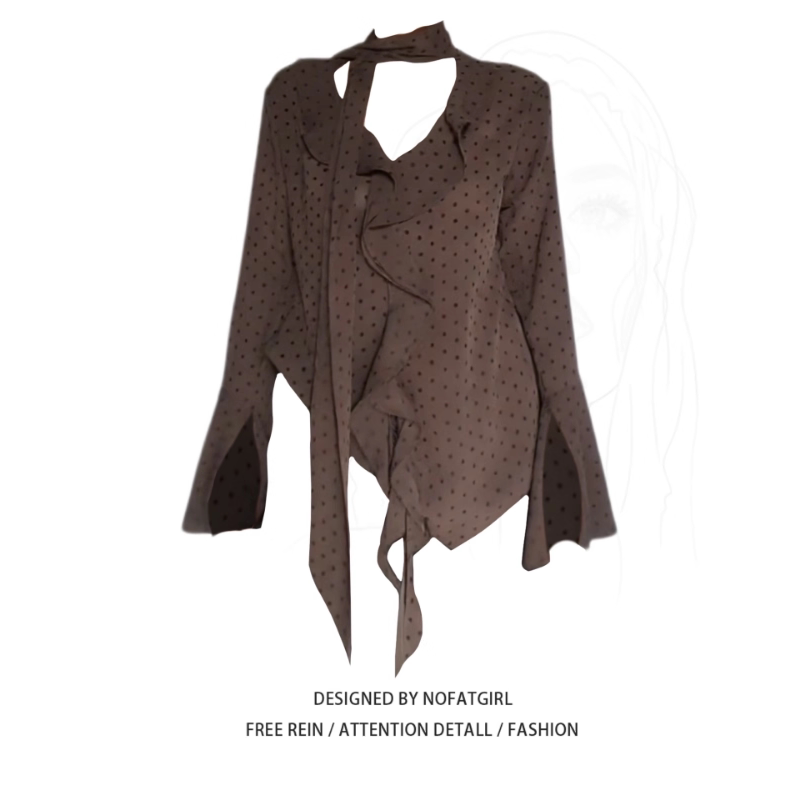 Plus-Size Women's Irregular Design Ribbon V-Neck Polka Dot Long-Sleeve Shirt, High-End and Stylish Top
