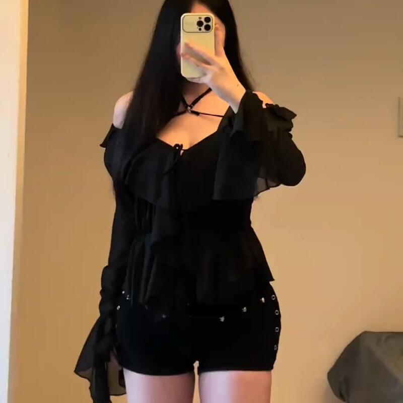 Plus Size Fat Girl Autumn New Black Niche Design Lace-Up Top Women's Ruffled Sexy Chiffon Shirt Plus Size Fat Girl Autumn New Black Niche Design Lace-Up Top Women's Ruffled Sexy Chiffon Shirt
