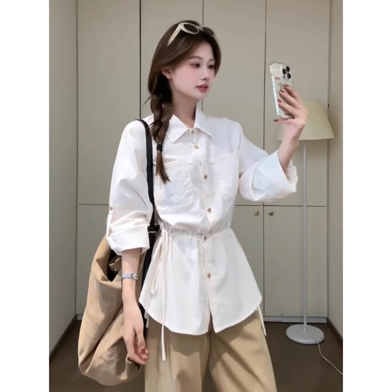 Early Autumn Design with Tie Waist, Slimming Top, Plus Size, Korean Style, Lazy and Elegant, Long-Sleeved Polo Collar Shirt 2026
