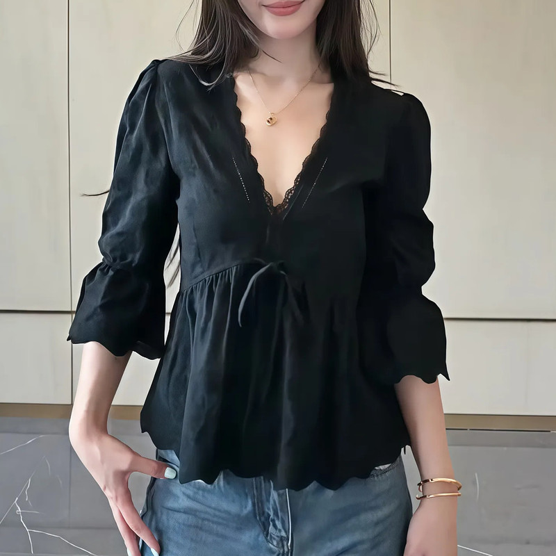 2026 Summer New Unique Niche Beautiful Slimming Top Plus Size Fat Girl Pure Desire Style V-Neck Lace Chiffon Shirt 2026 Summer New Unique Niche Beautiful Slimming Top Plus Size Fat Girl Pure Desire Style V-Neck Lace Chiffon Shirt