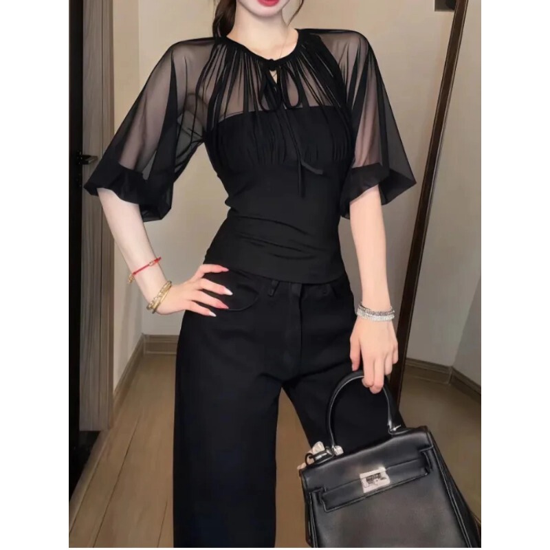 Summer Waist-Slimming Top, Plus-Size Women's Clothing, Retro Black Slightly See-Through Mesh Splicing Lantern Sleeve Tie-Up T-Shirt, Trendy Summer Waist-Slimming Top, Plus-Size Women's Clothing, Retro Black Slightly See-Through Mesh Splicing Lantern Sleeve Tie-Up T-Shirt, Trendy