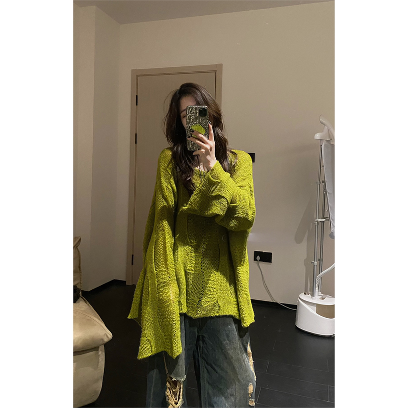 Plus-Size Women's Clothing with a Korean-Style Design, Lazy and Fresh Green Long-Sleeved Knit Sweater, Early Autumn Loose Top Plus-Size Women's Clothing with a Korean-Style Design, Lazy and Fresh Green Long-Sleeved Knit Sweater, Early Autumn Loose Top