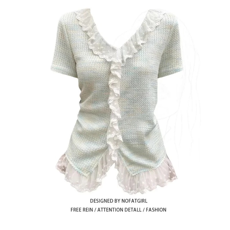 Plus-Size Ruffled Lace Patchwork Short-Sleeve T-Shirt for Women, Summer Style for Slightly Plump Figures, Slimming Vacation Style, Irregular V-Neck Top