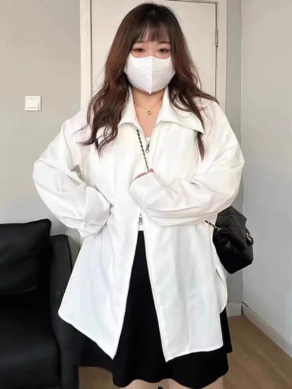 Plus-Size Women's Clothing, Stylish Double-Zip Inner Shirt Jacket for Women, Loose and Slimming, Versatile Top for Autumn, Trendy