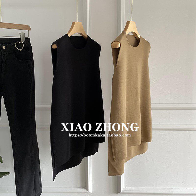 Stack Hitch Treasure Side Open Irregular Trendy Round Collar Soft Knit Magpie Waistcoat Women 21 Autumn