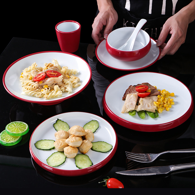 Dense Amines Red White Dining Room Anti-Fall Cutlery Tray Plate High Foot Disc Large Plate Soup Pan Deep Tray Commercial Disc