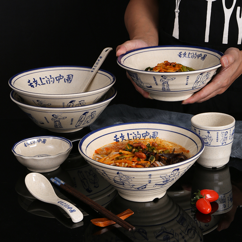 Melamine Noodle Noodle Noodle Bowl Soup Noodle Retro Creative Cold Peel Bowl Commercial Shallow Bottom Pull Noodles Large Bowl of Bubble Noodle Gallery Special Bowl