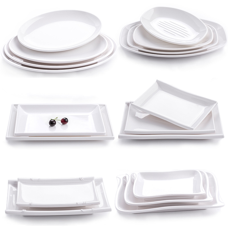Diammine plastic white plate rectangular plate creative anti-drop rice flat plate imitation porcelain plate commercial shallow plate