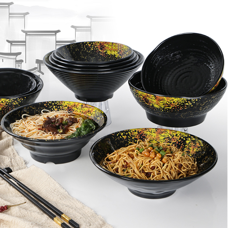 Melamine wide mouth black mixed noodle ramen tableware to create pasta bowl shallow mouth large bowl plastic Japanese hat soup bowl commercial