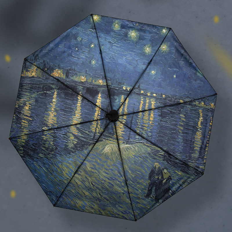 Fully automatic dual-use umbrella for both sun and rain, double-person retro oil painting umbrella, UV protection women's black vinyl folding sun umbrella