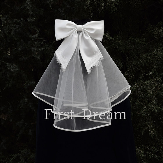 FirstDream 레트로 신부 증명서 사진 소품 소형 머리 장식 새틴 대형 활 짧은 제안 베일