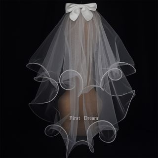 Firstdream2025新款韩式领证登记轻头纱新娘求婚短发白蝴蝶结头饰