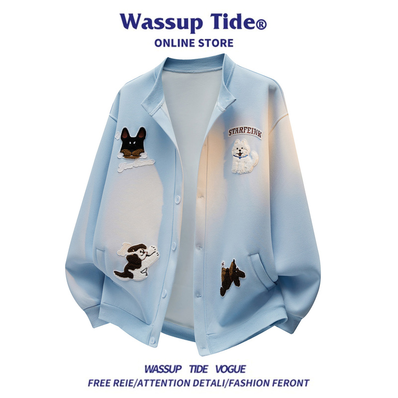 Wassup Tide American Cartoon Style Embroidered Cardigan Jacket for Men and Women, Spring Loose and Versatile Trendy Jacket