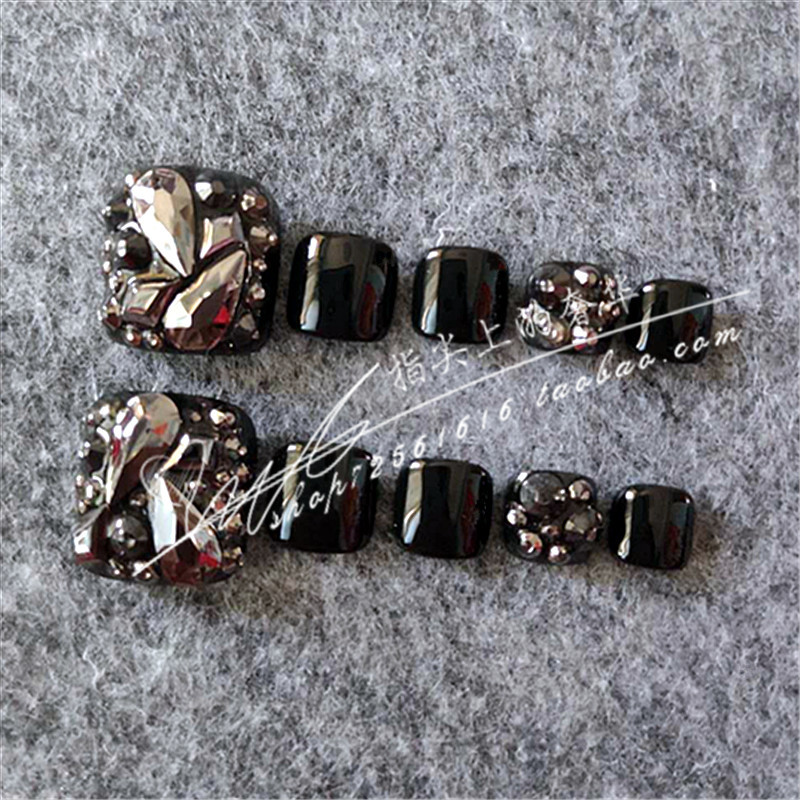 Free Shipping Handmade Luxury Fake Nails Finished Nail Art Toenail Patches Toe Nail Stickers Phototherapy Nails Cool Sparkling Diamond Mineral Black