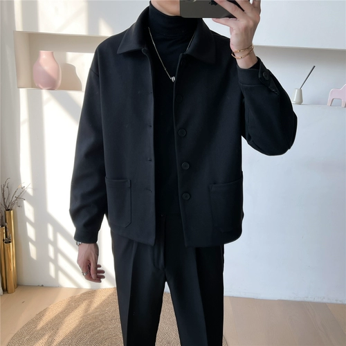 Черное шерстяное пальто, трендовая короткая куртка