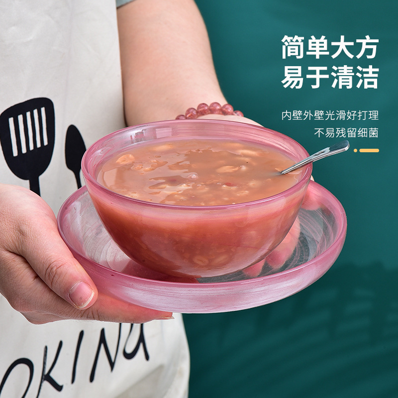 Pink Cloud Bowl Glass Tableware Plate High-Value Fruit Plate Restaurant Salad Bowl Chinese Dessert Bird's Nest Bowl Plate