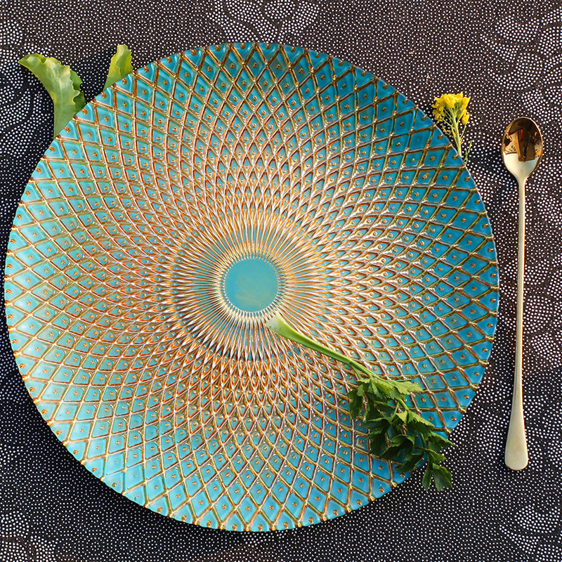 Light Luxury Glass Plate with Bird's Tail Pattern, Southeast Asian Gold-Green Fruit Plate, Western-Style Plate Mat, Decorative Plate, Banquet Base Plate, Tableware