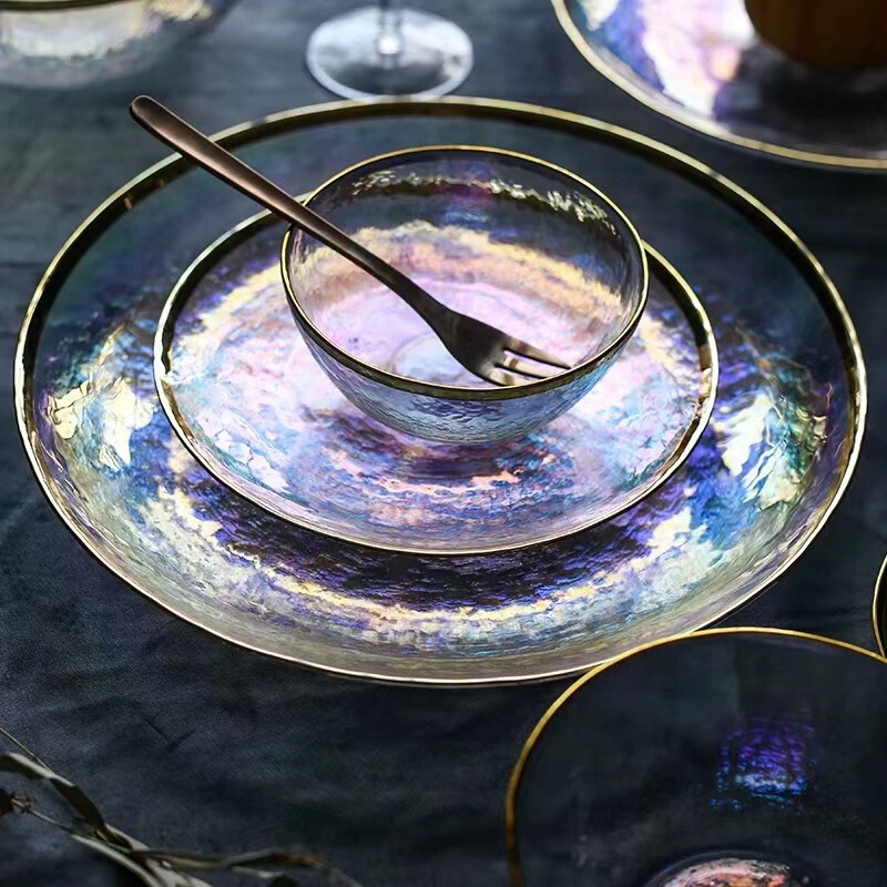 ins Glass Bowl Salad Bowl Western Flat Plate Tableware Creative Household Steak Plate Fruit Plate Colorful Bowl Soup Bowl