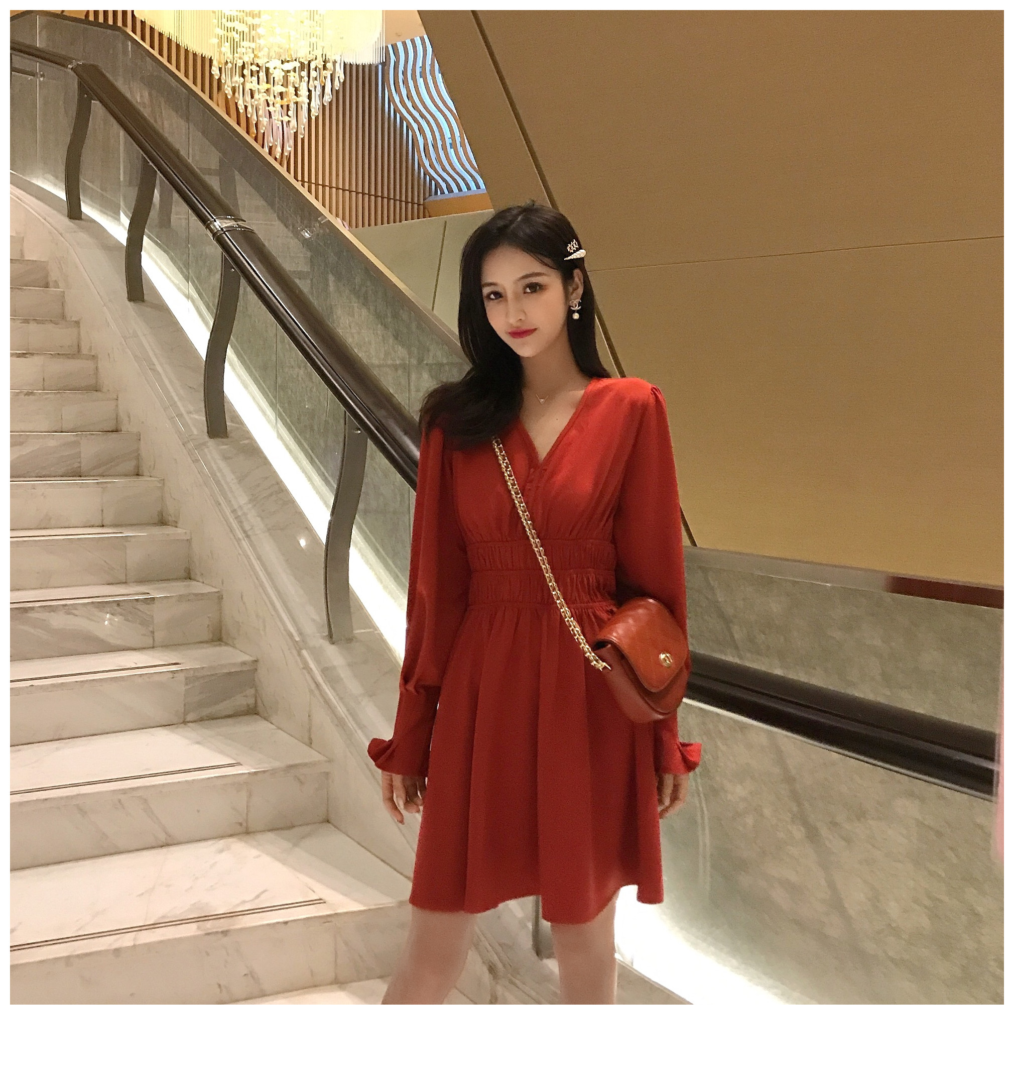 VK旗艦店 韓系優雅V領褶皺收腰簡約氣質長袖洋裝
