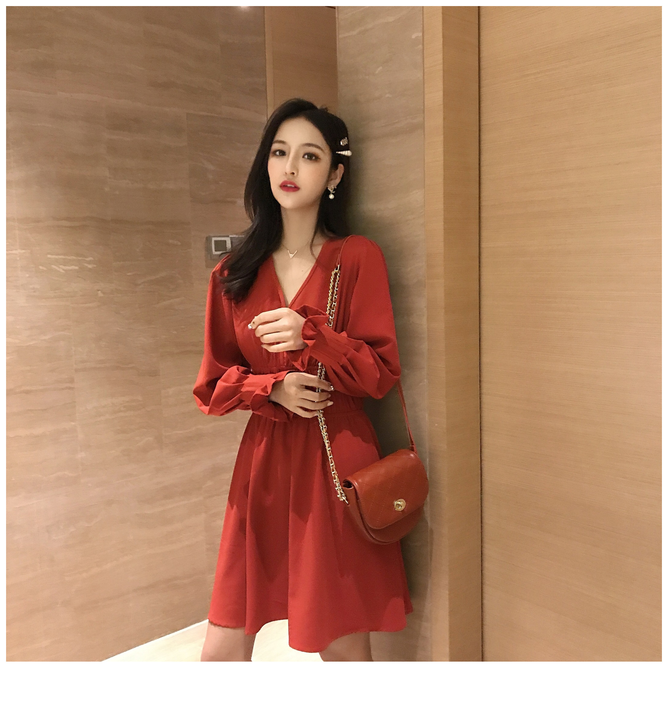 VK旗艦店 韓系優雅V領褶皺收腰簡約氣質長袖洋裝