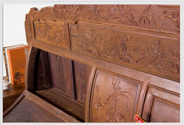 Красный кровати 红木家具高低床实木仿古床榻中式婚床鸡翅木花鸟大床双人床卧室储